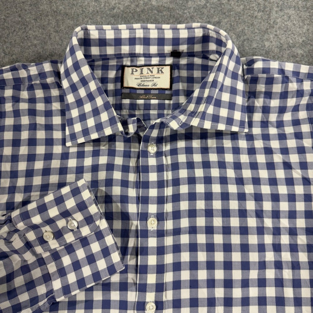 Thomas Pink Mens 18-37 Blue Gingham Check Dress Shirt Classic‎ Fit About Town